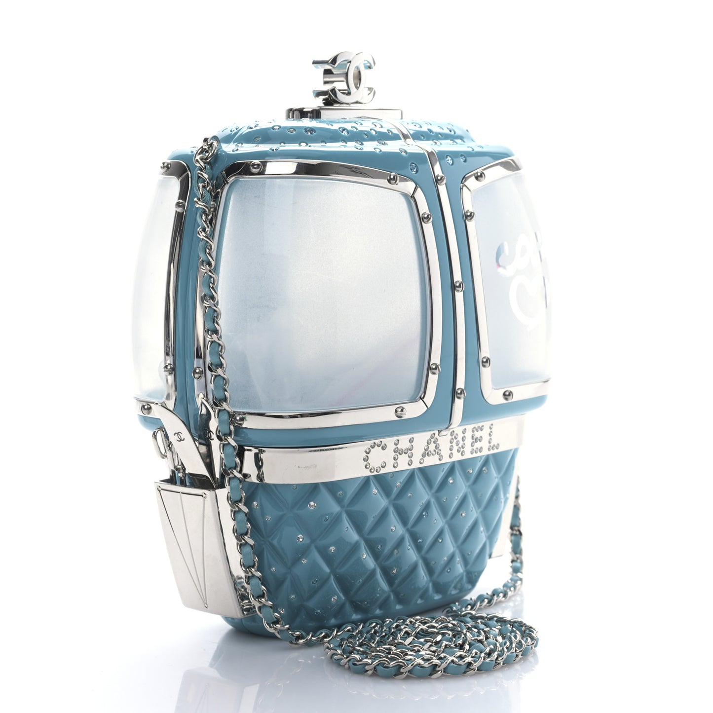 Lucite Enamel Strass Evening In The Mountain Gondola Minaudiere Clutch Light Blue