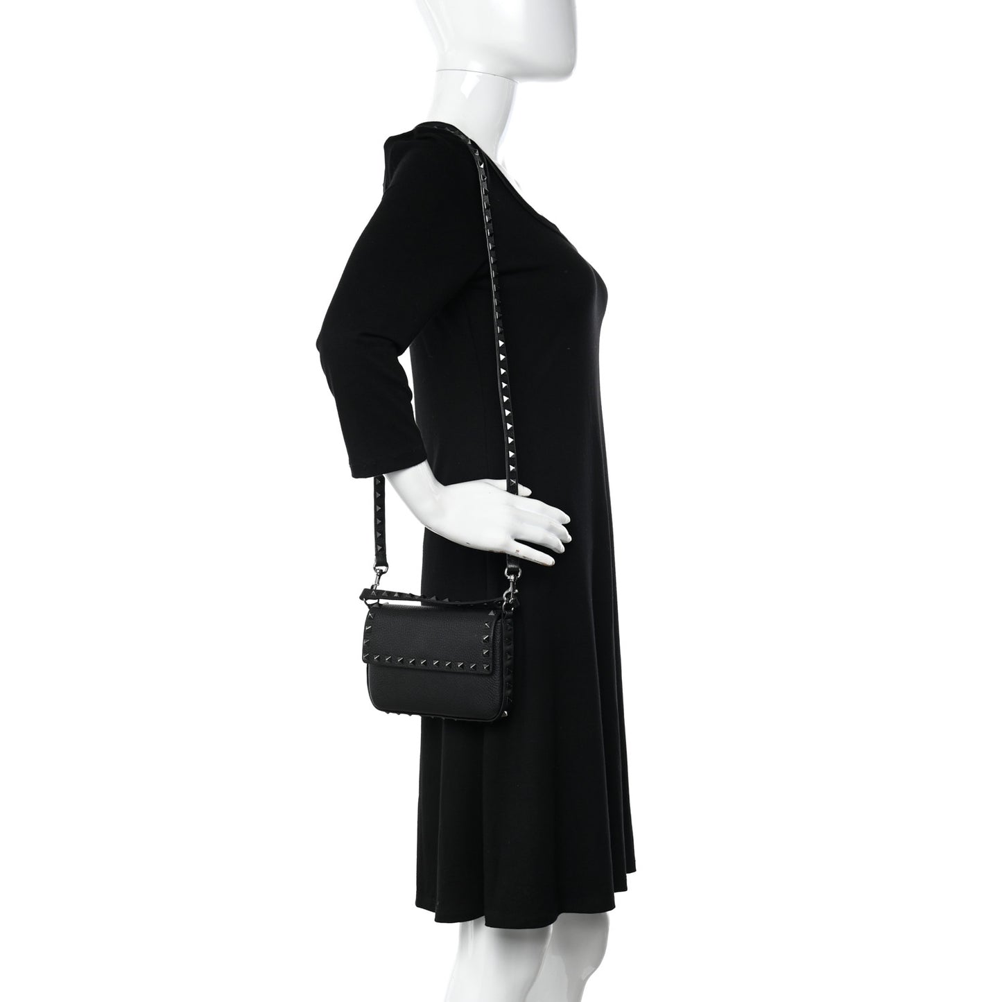 Grainy Calfskin Rockstud Crossbody Pouch Black