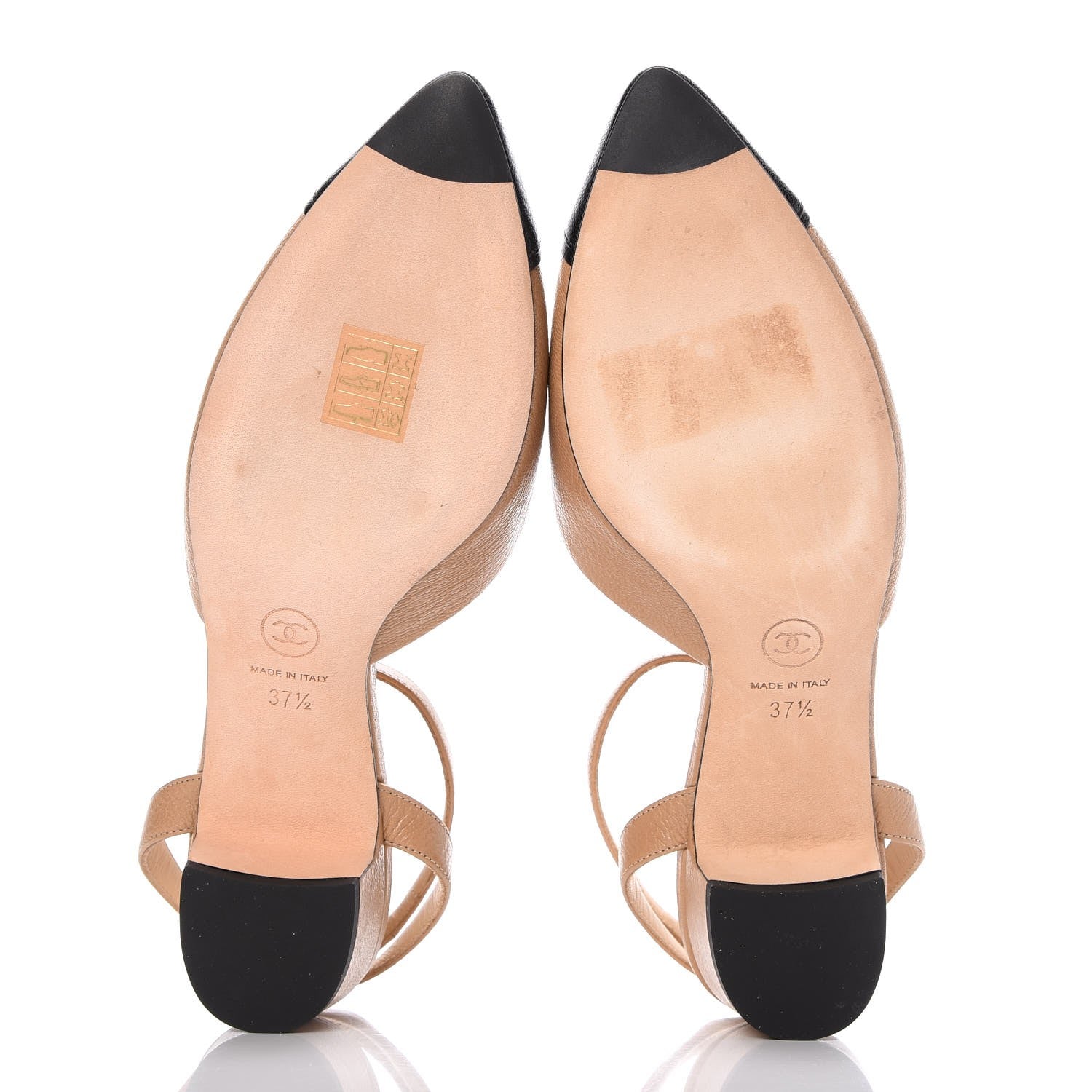 Chanel Lambskin Grosgrain Cap Toe CC Slingback Sandals 37.5 Beige Black 9 of 9