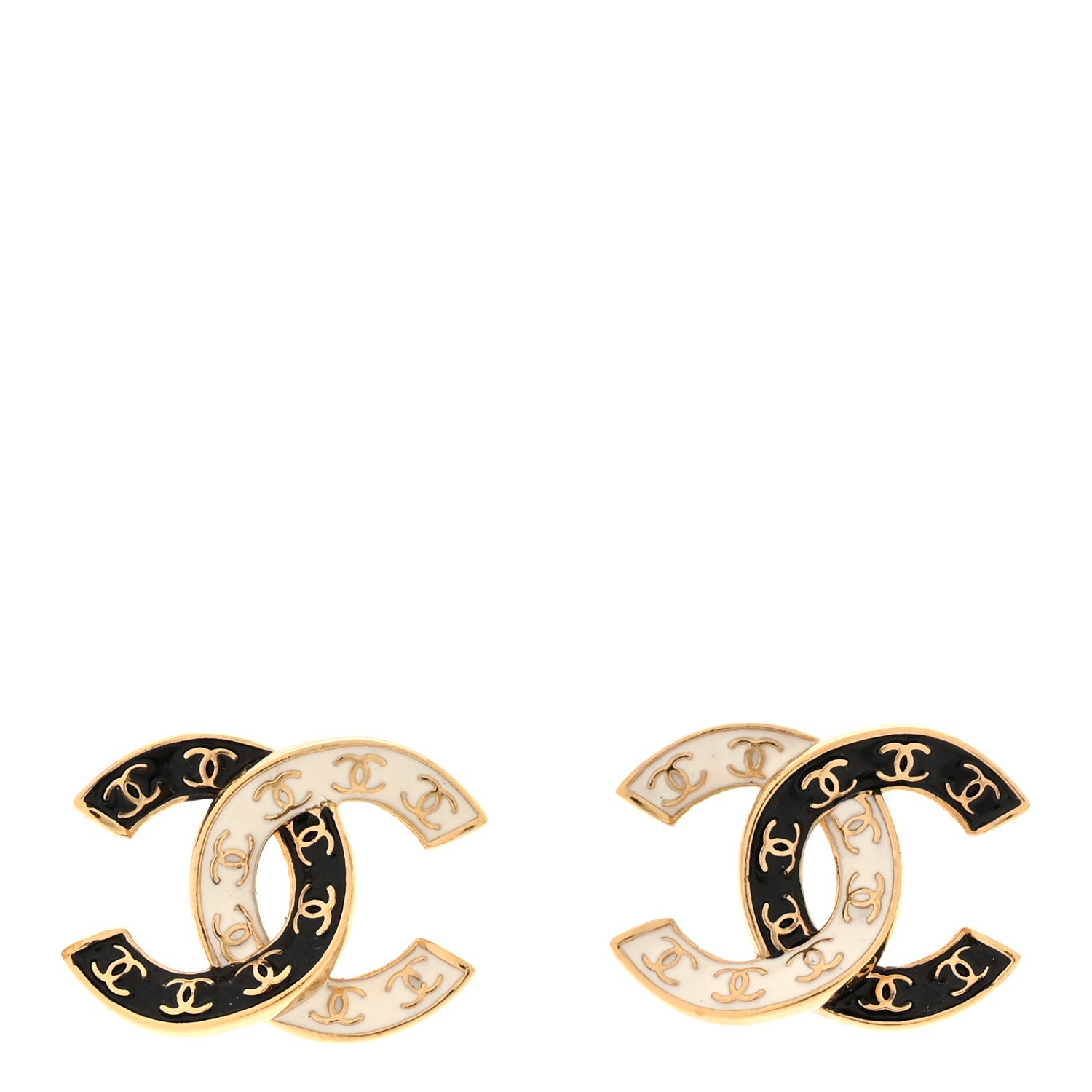 Chanel Enamel CC Logo Earrings Gold Black White 1 of 5