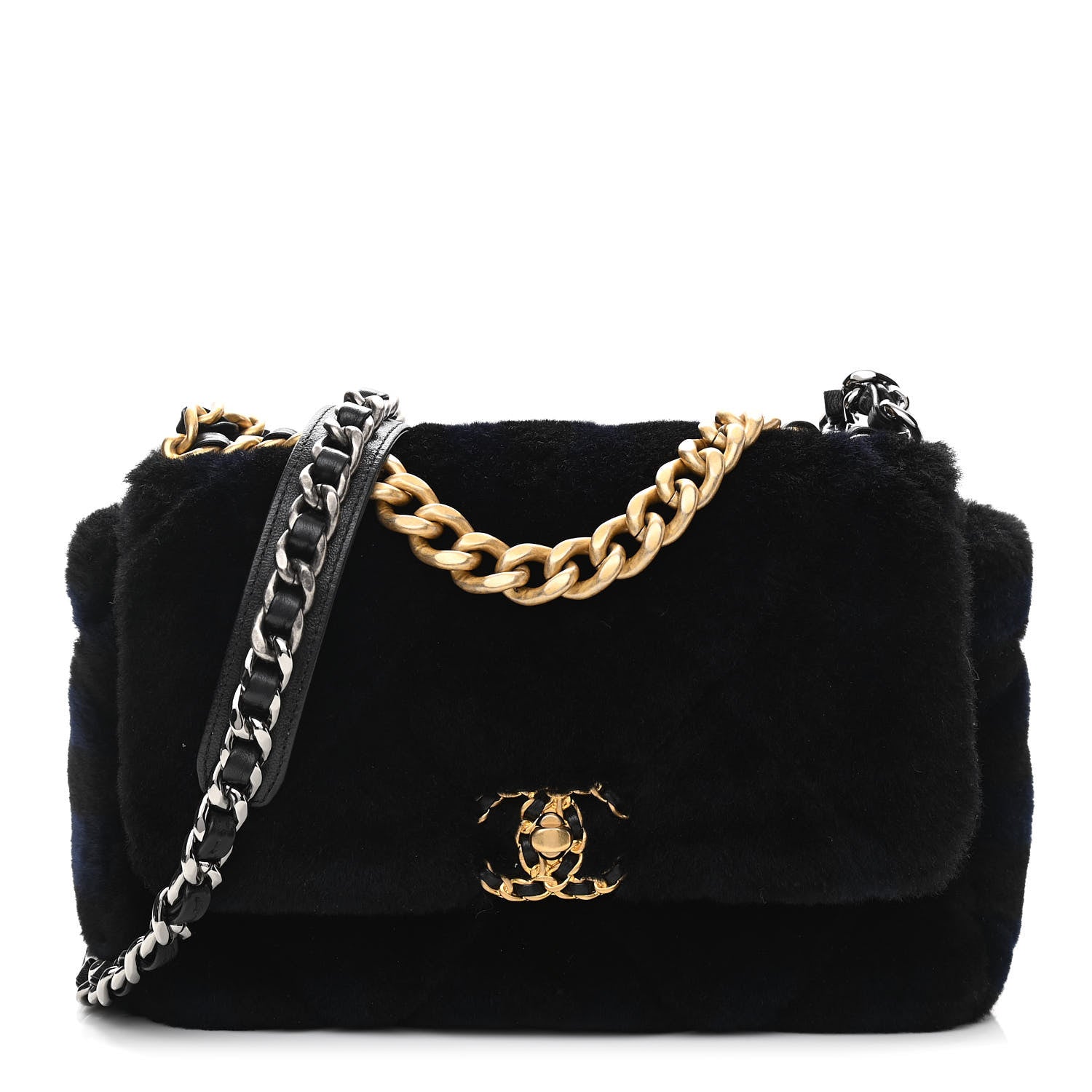 Chanel Shearling Striped Medium Chanel 19 Flap Blue Black 1 of 10