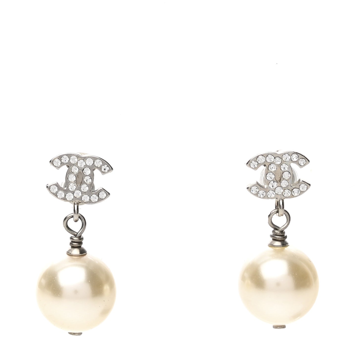 Crystal Pearl CC Drop Earrings Silver Pearly White