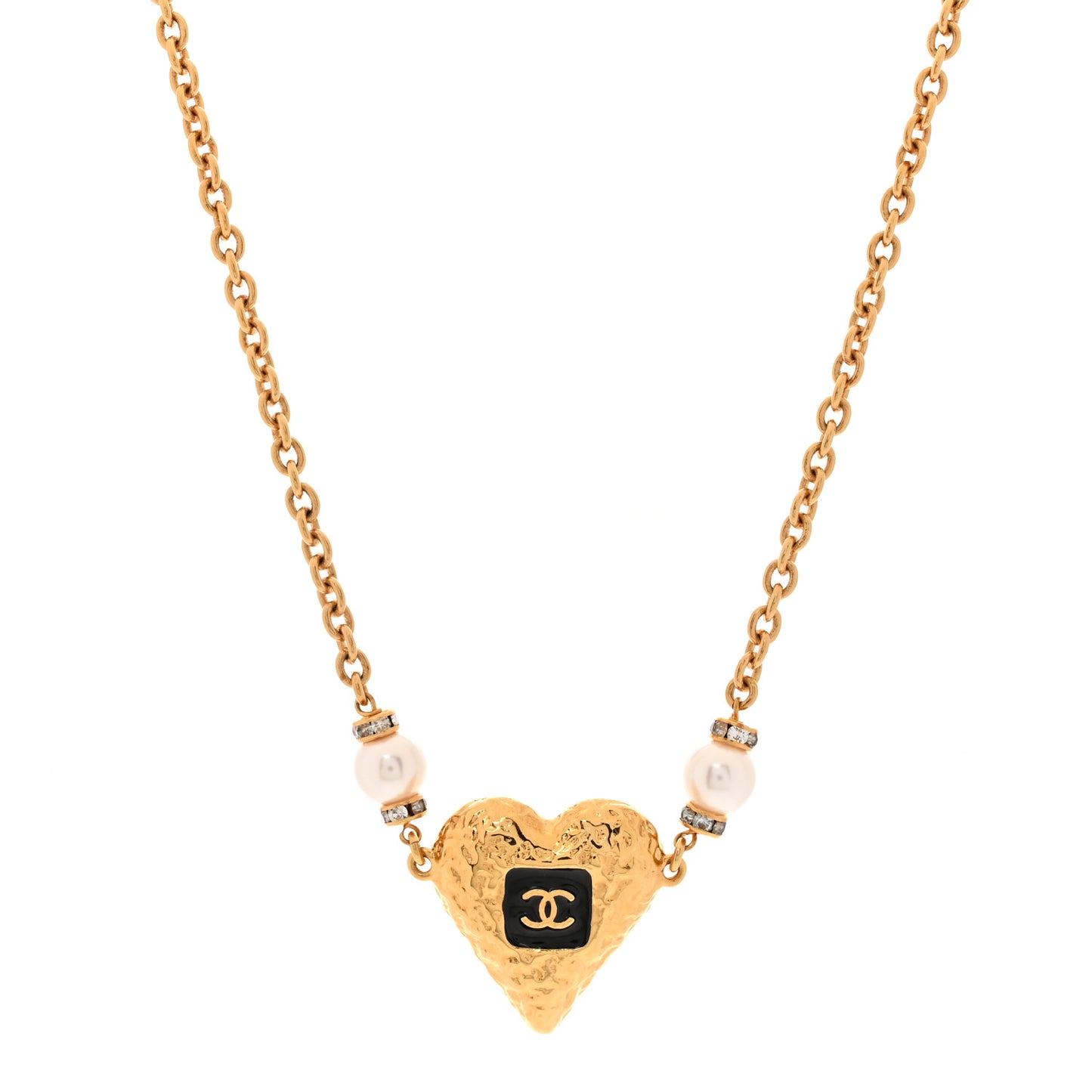 Resin Crystal Pearl Chain Heart CC Pendant Necklace Black White Gold