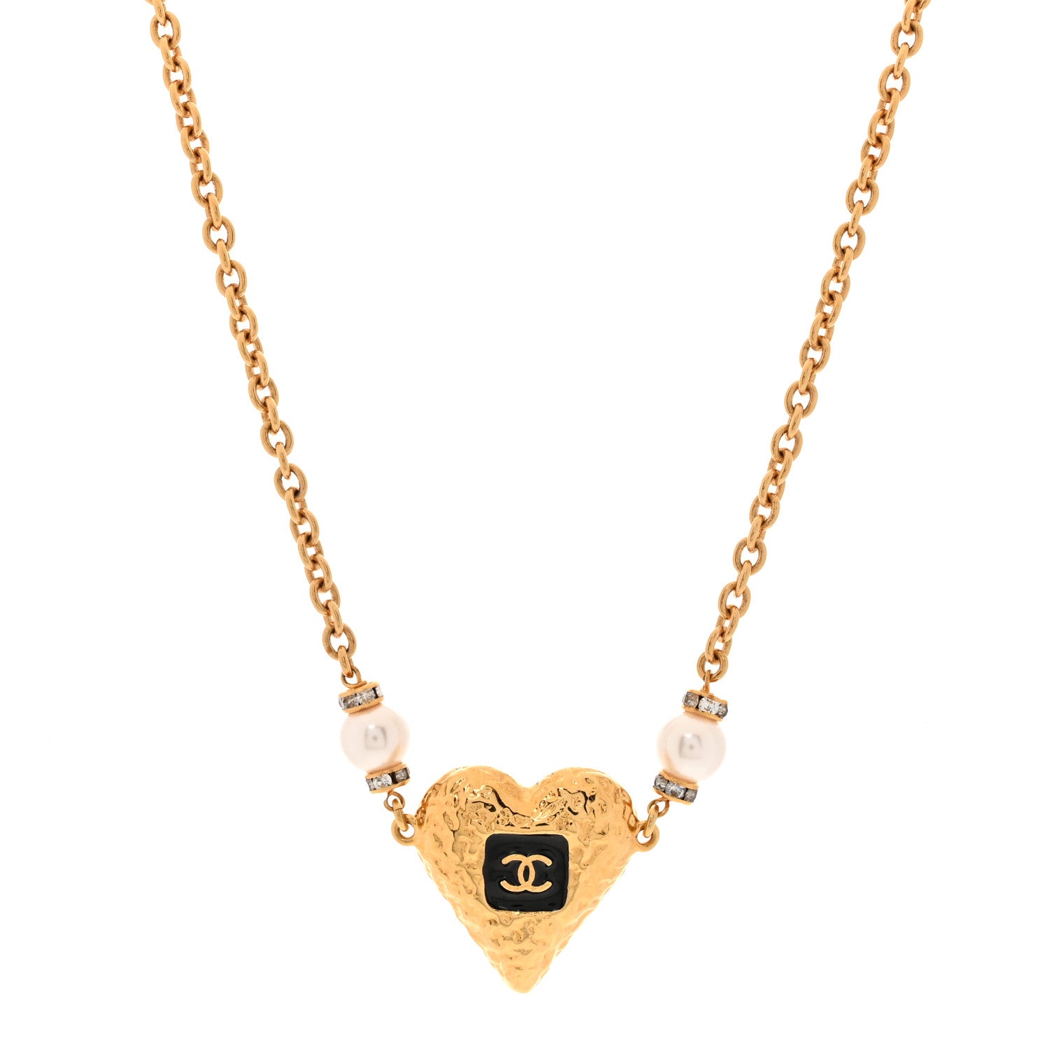 Chanel Resin Crystal Pearl Chain Heart CC Pendant Necklace Black White Gold 1 of 5