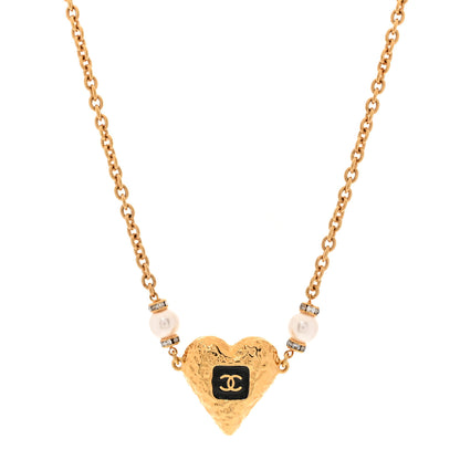 Chanel Resin Crystal Pearl Chain Heart CC Pendant Necklace Black White Gold 1 of 5