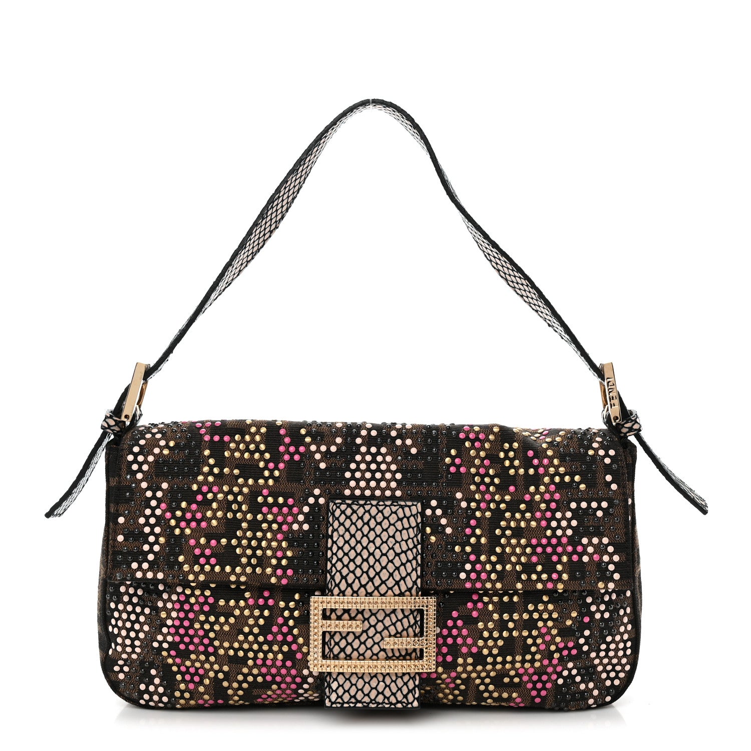 Fendi Zucca Snakeskin Studded Baguette Tobacco Multicolor 1 of 9