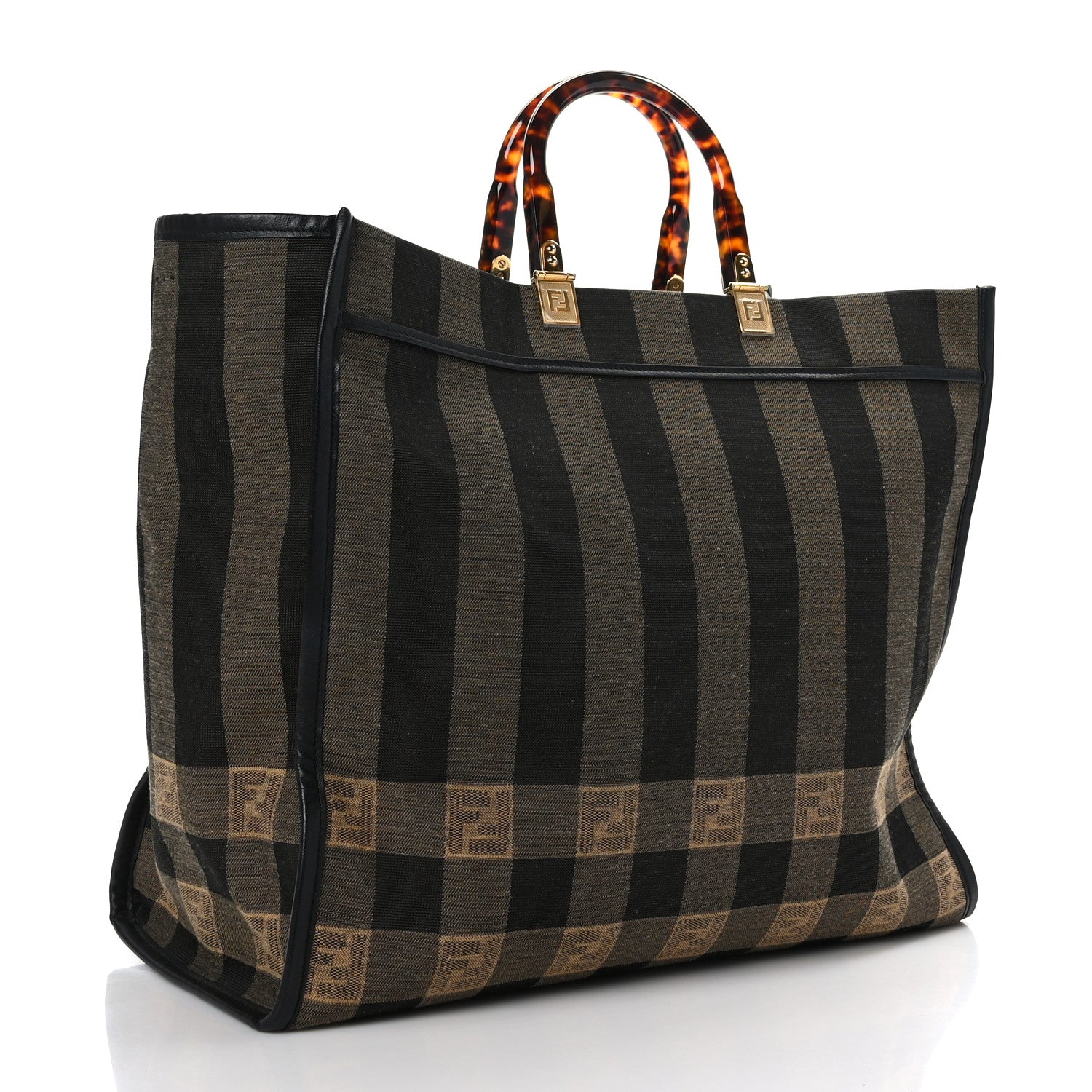 Fendi Fabric Jacquard Vitello Seta Plexiglass Pequin Gingham Large Fendi Sunshine Shopper Tote Tobacco Moro Black 3 of 9