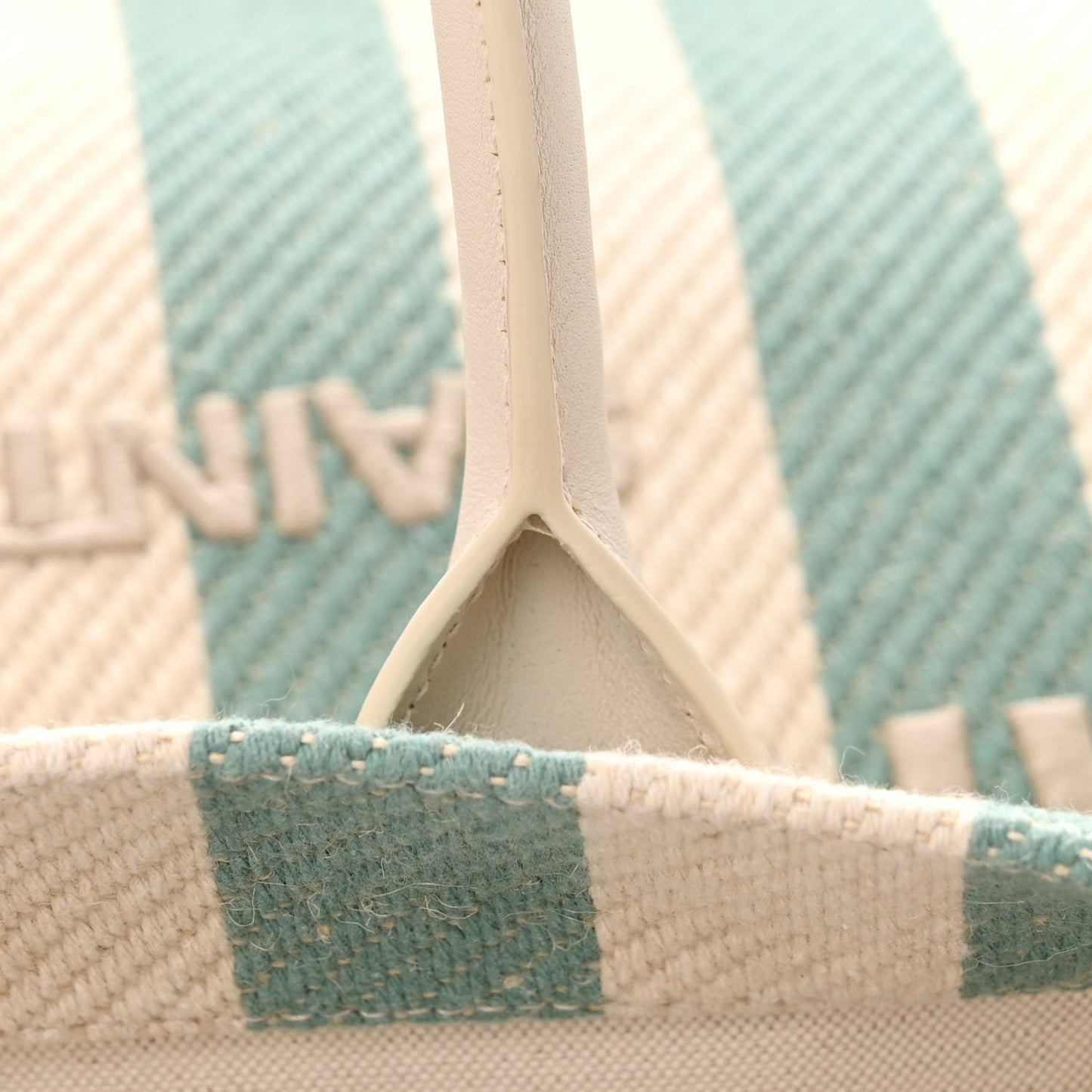 Cotton Linen Calfskin Striped Rive Gauche Tote Water Green