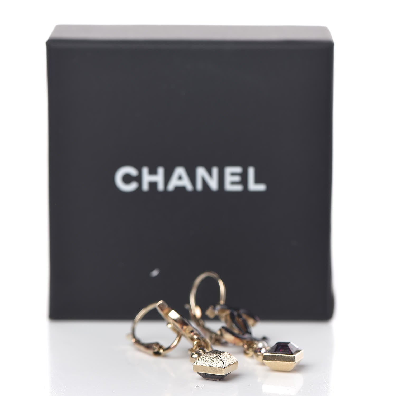 Chanel Pearl Crystal Glass Resin CC Drop Earrings Gold Purple 5 of 5