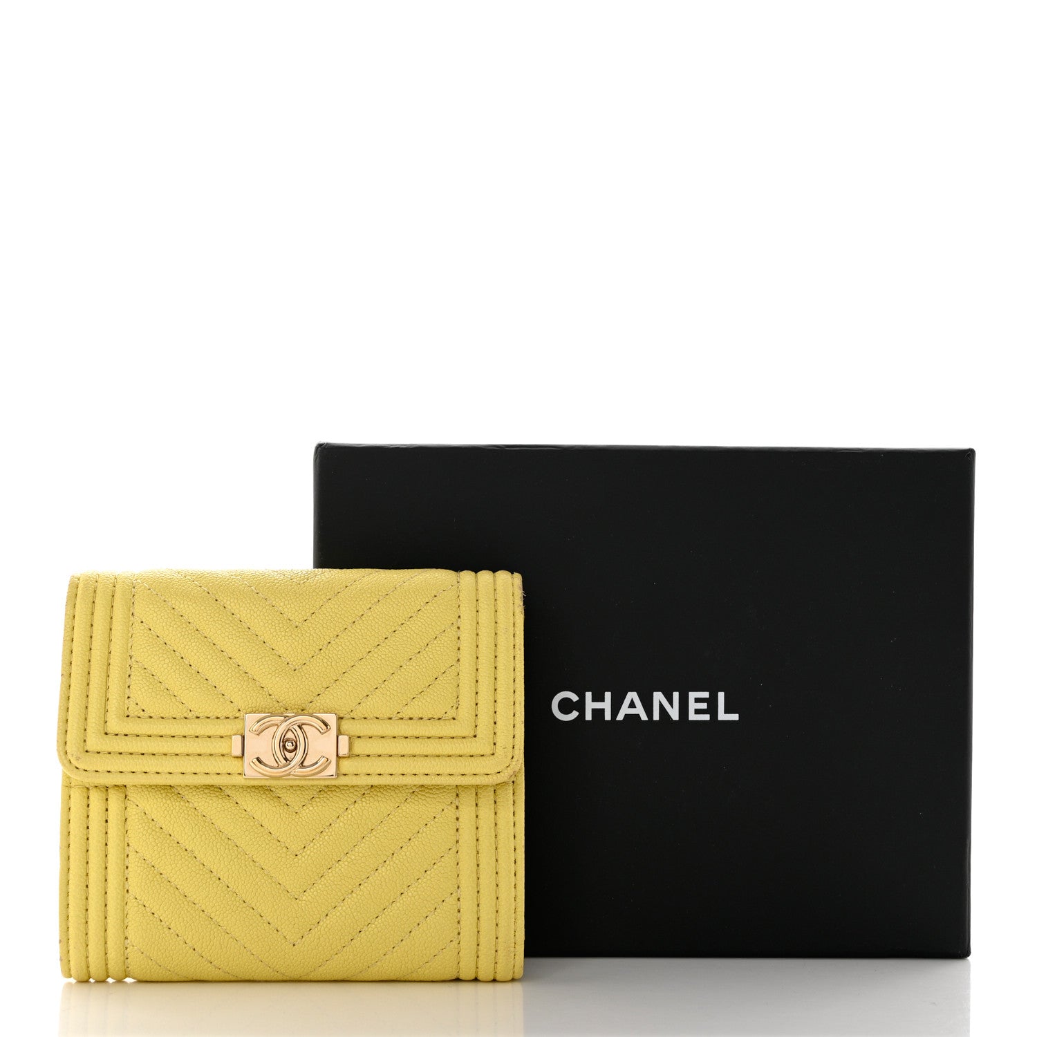Chanel Caviar Chevron Quilted Boy Compact Wallet Yellow 9 of 9