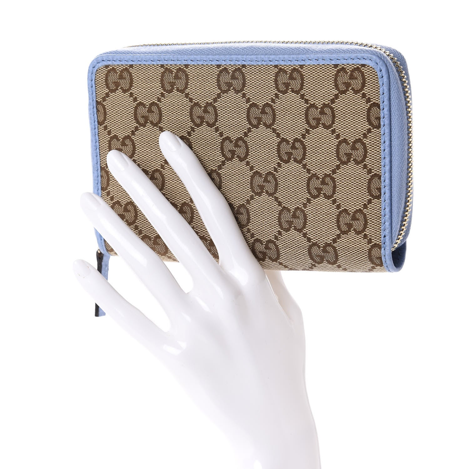Gucci Monogram Dollar Calfskin Zip Around Compact Wallet Beige Ebony Mineral Blue 2 of 8