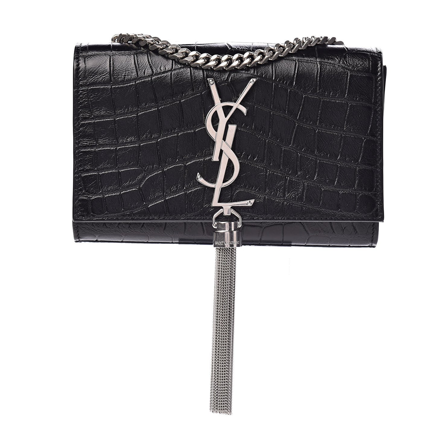 Calfskin Crocodile Embossed Monogram Small Kate Tassel Satchel Black