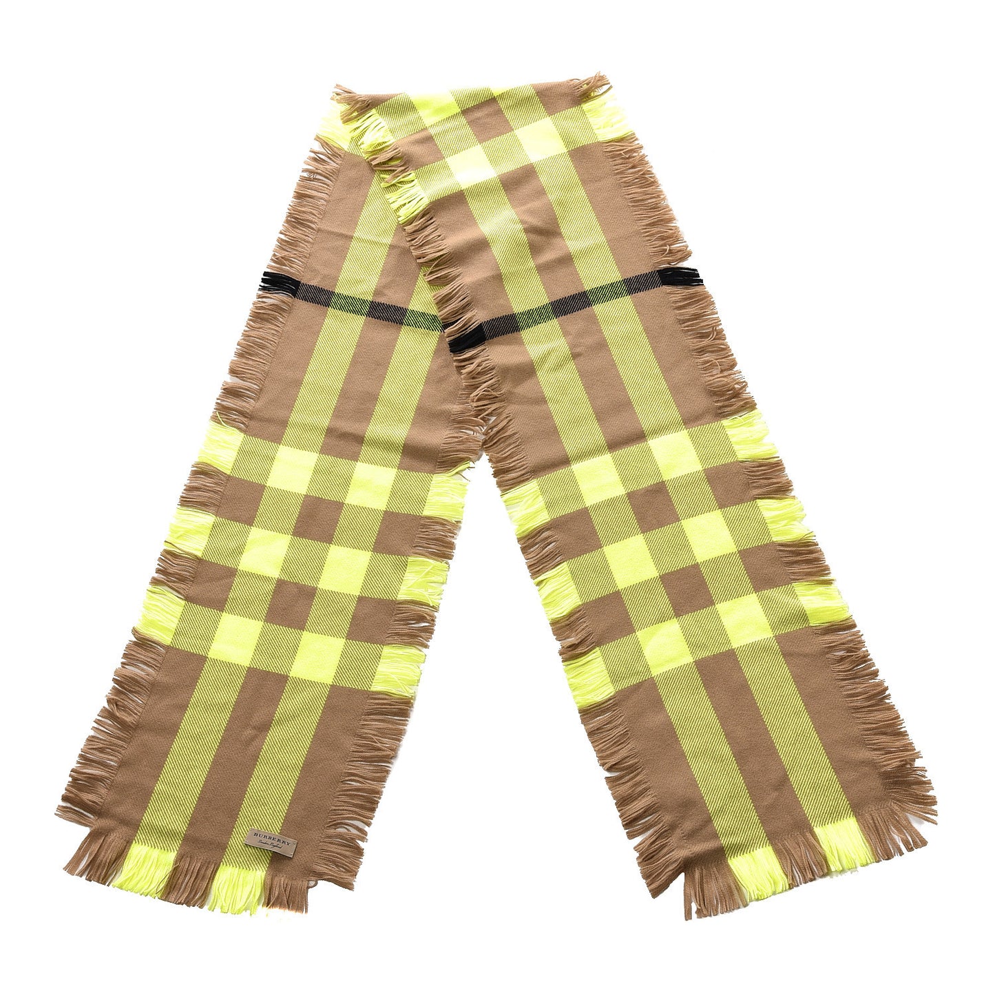 Cashmere Half Mega Check Fringe Scarf Neon Yellow