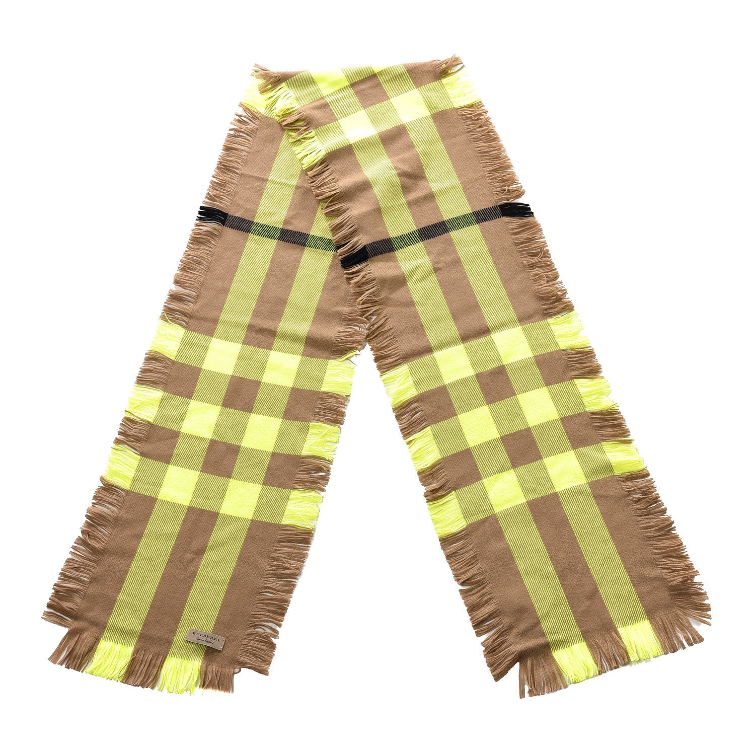 Burberry Cashmere Half Mega Check Fringe Scarf Neon Yellow 2 of 4