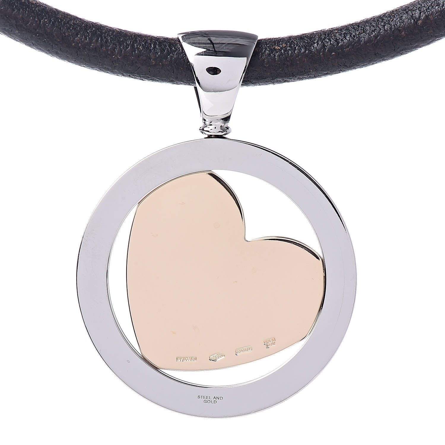 Bulgari Stainless Steel 18K Yellow Gold Diamond Tondo Heart Pendant Necklace Black 5 of 6