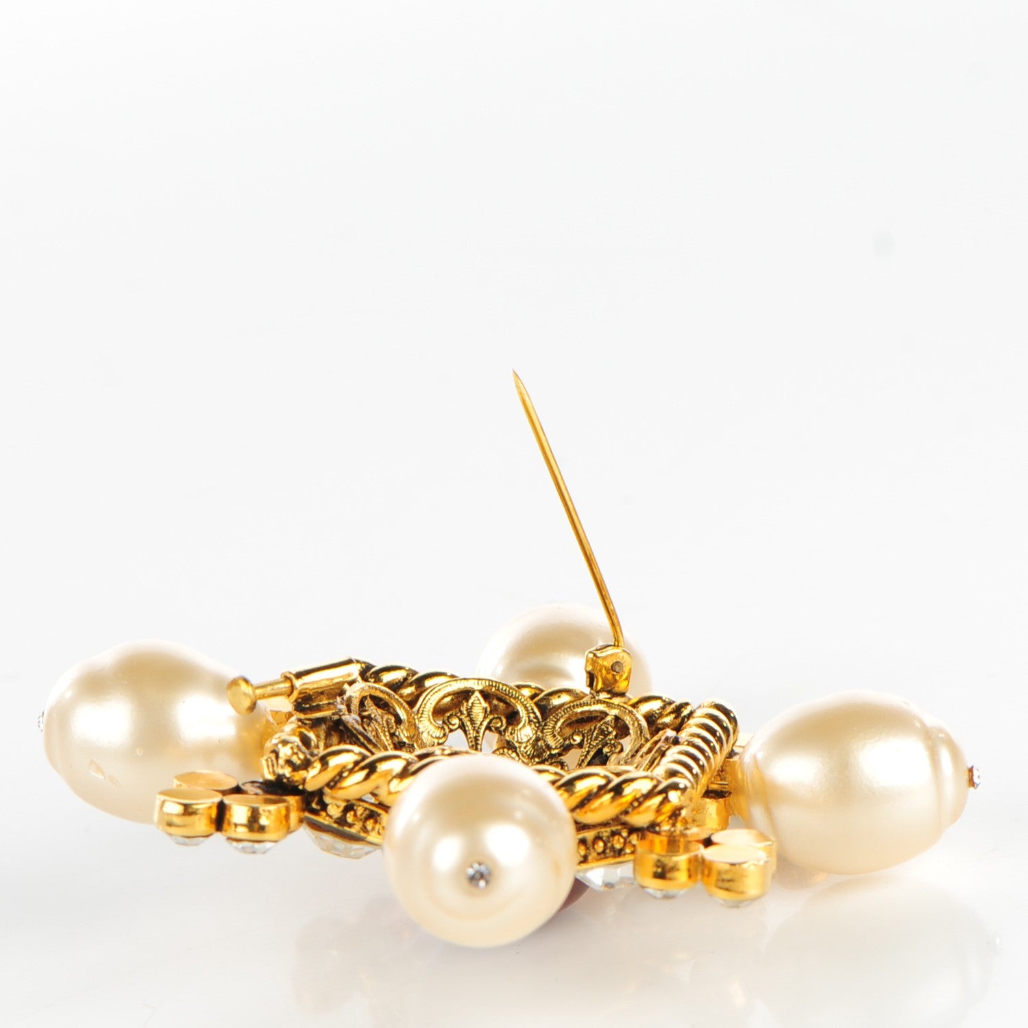 Chanel Gripoix Pearl Crystal Brooch Gold 3 of 6
