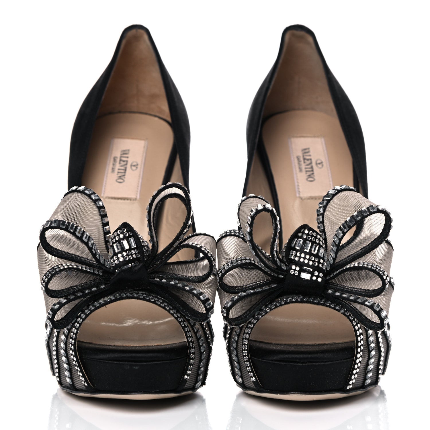 Valentino Garavani Satin Crystal Versailles Bow Peep Toe Platform High Heel Pumps 38 Black 2 of 15