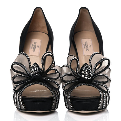 Valentino Garavani Satin Crystal Versailles Bow Peep Toe Platform High Heel Pumps 38 Black 2 of 15