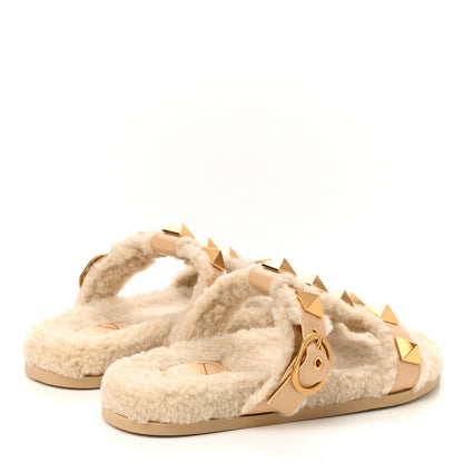 Valentino Garavani Shearling Roman Stud Slide Sandals 38 Sahara Beige 4 of 8