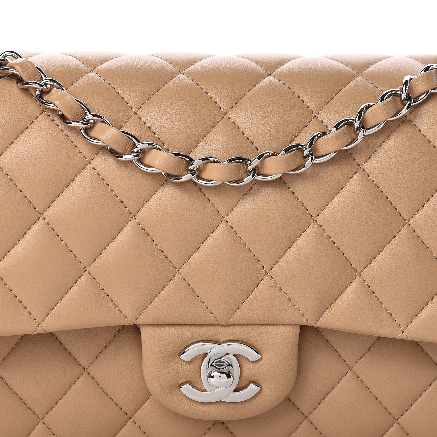 Lambskin Quilted Medium Double Flap Beige