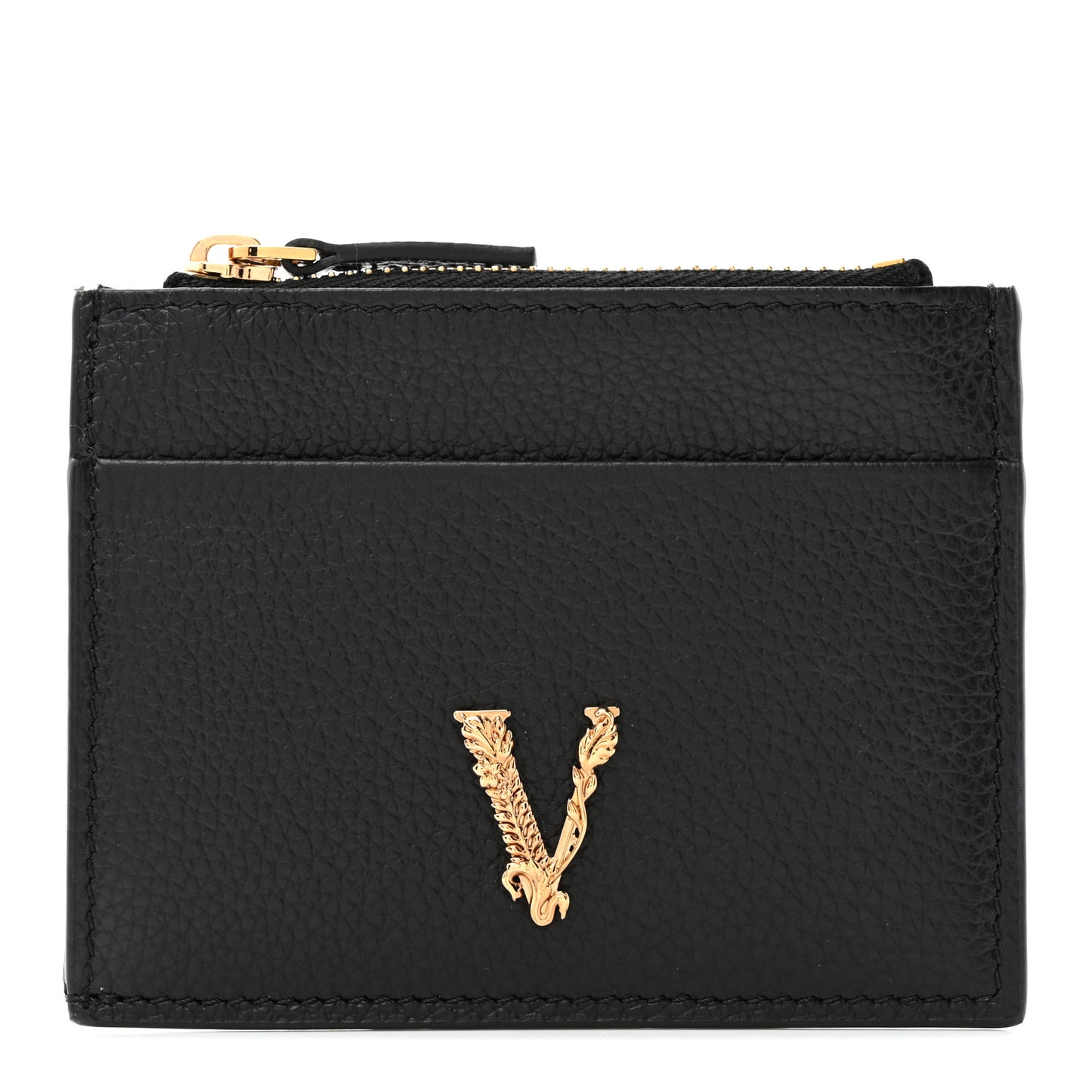 Grained Calfskin Virtus Zip Card Case Black