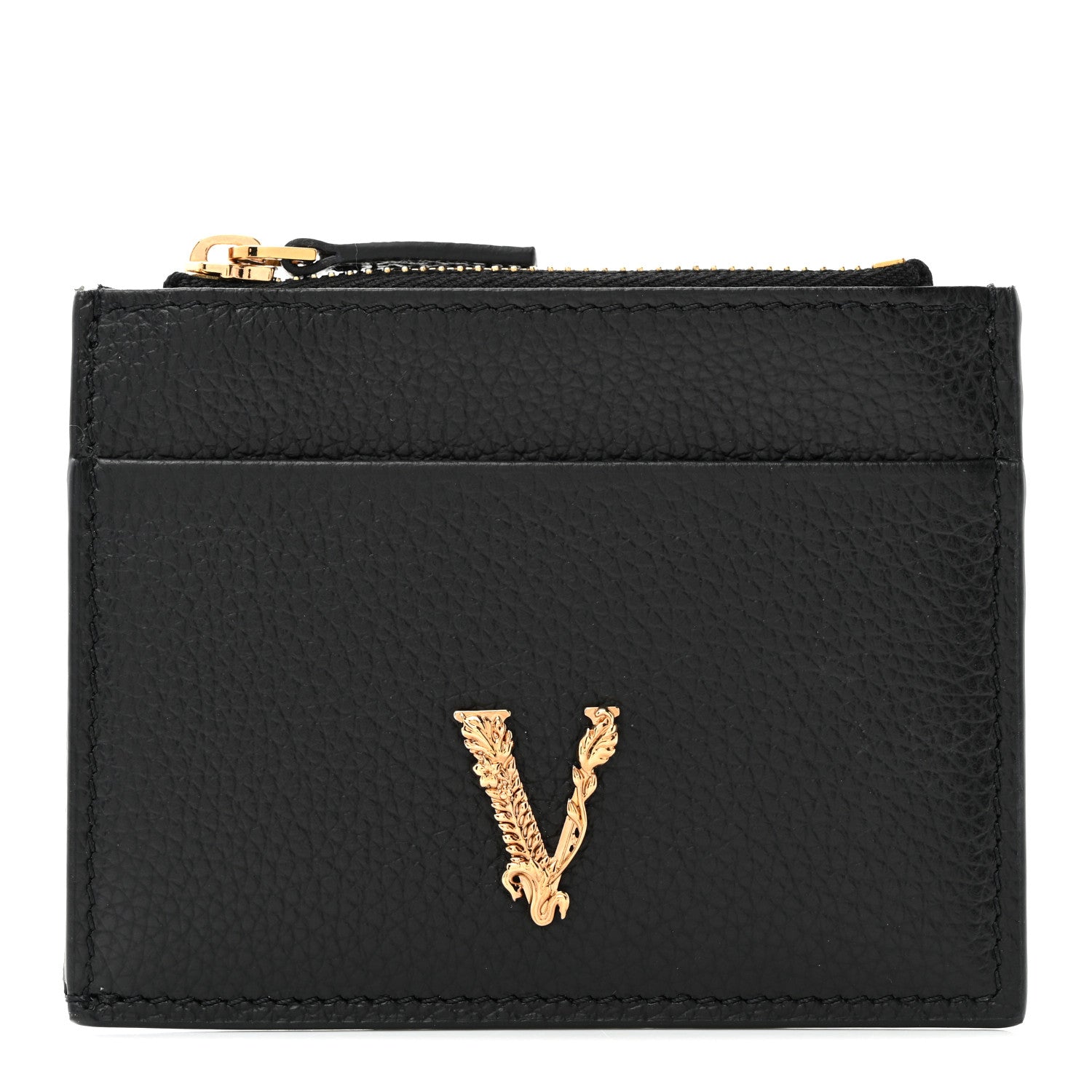 Versace Grained Calfskin Virtus Zip Card Case Black 1 of 7