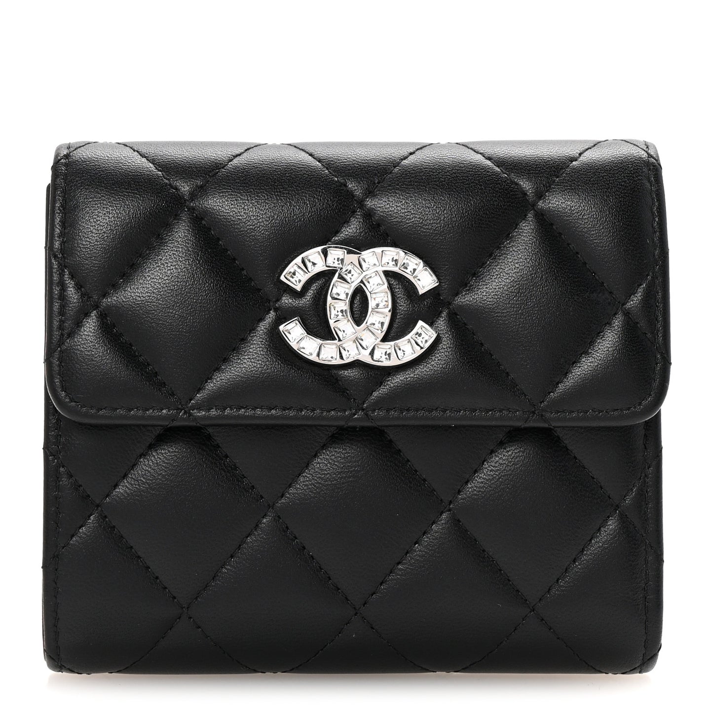 Lambskin Quilted Baguette Crystal Small Compact Wallet Black
