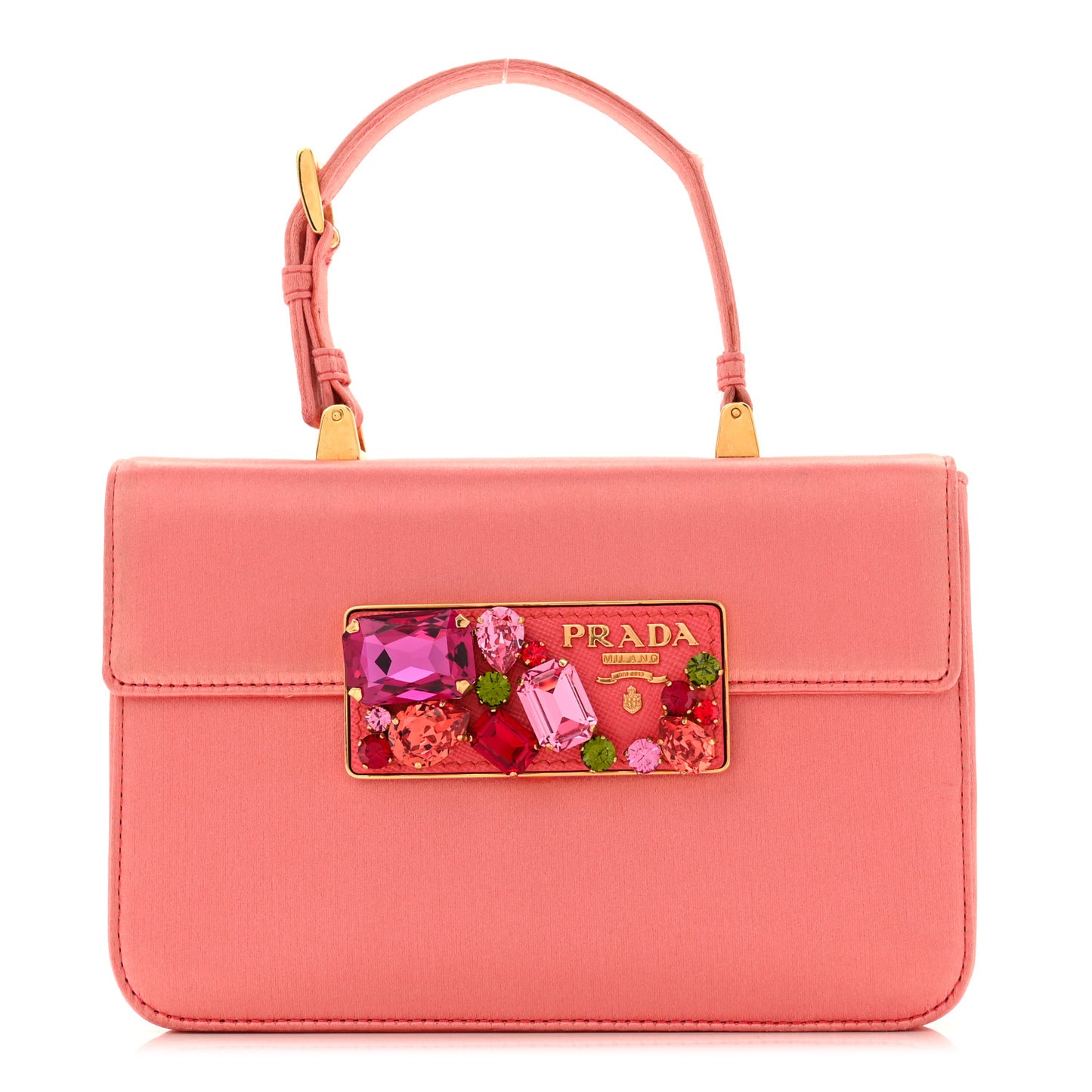 Satin Raso Stones Embellished Top Handle Bag Corallo