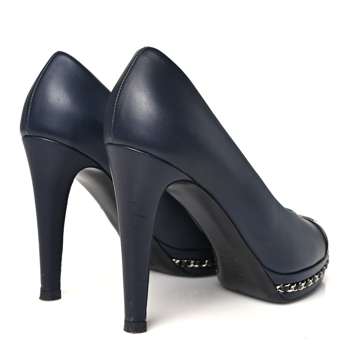 Chanel Calfskin Patent CC Cap Toe Platform Chain Pumps 38.5 Navy Black 5 of 9