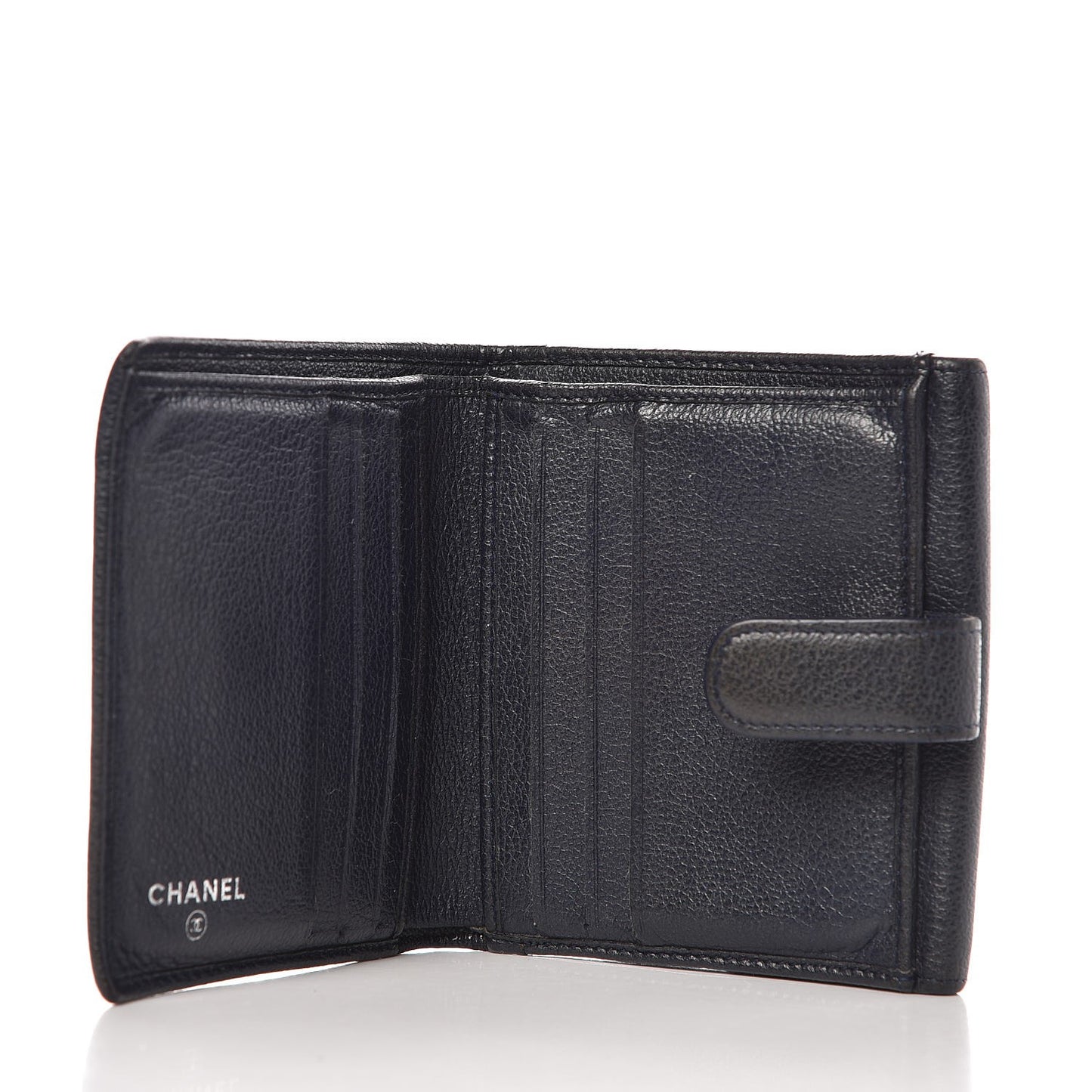 Glazed Goatskin Camellia Embossed French Flap Wallet Black