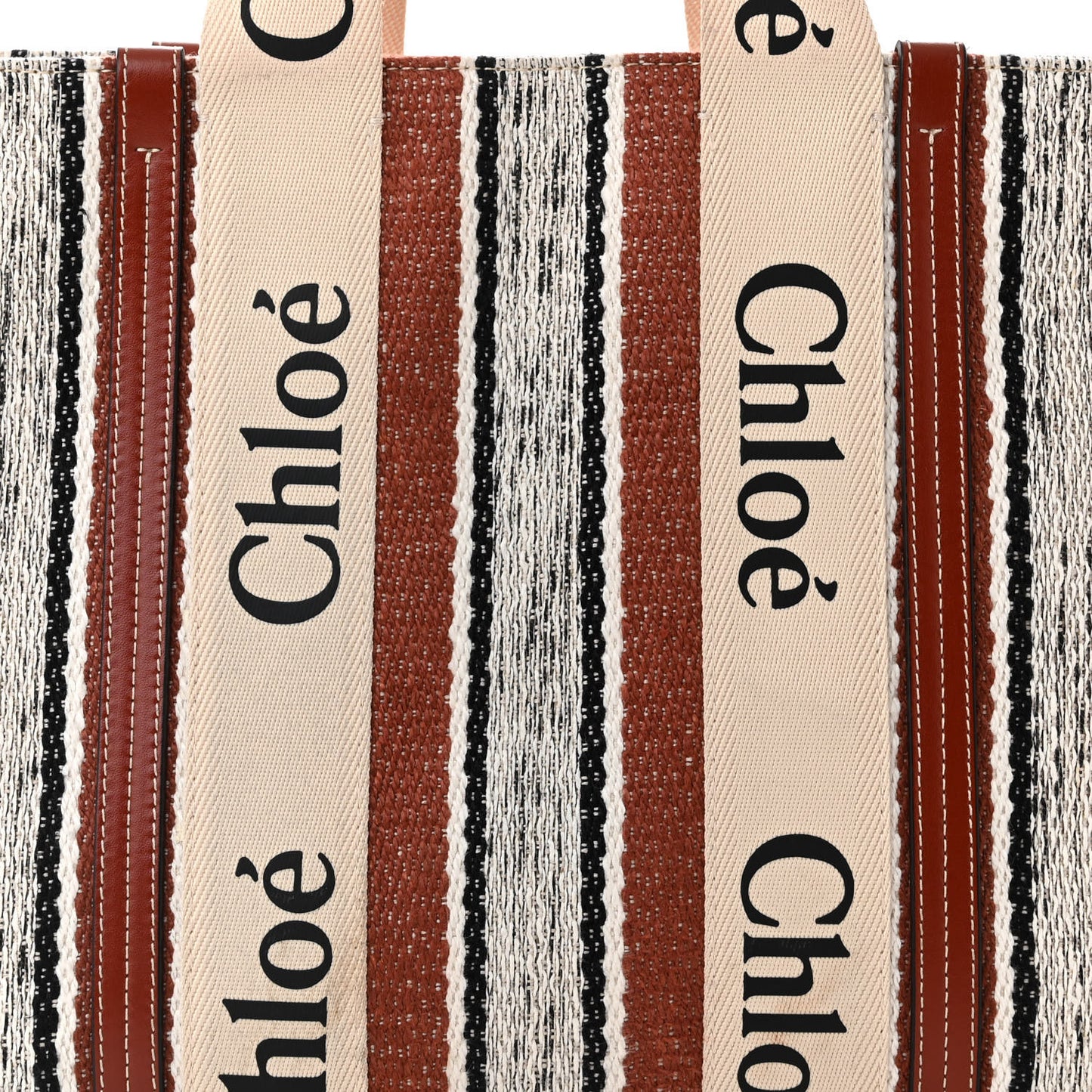 Woven Linen Large Woody Striped Ribbon Tote Sepia Brown
