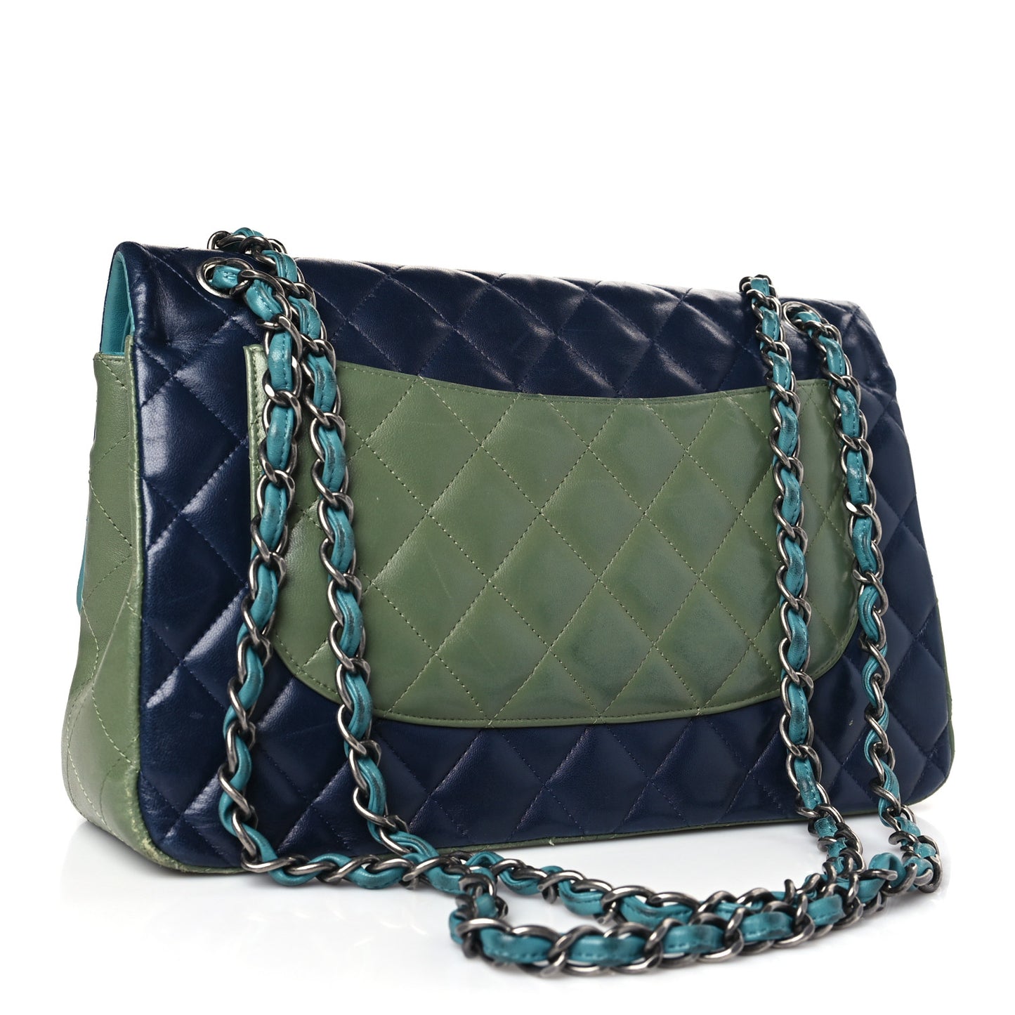 Lambskin Quilted Tri-Color Jumbo Double Flap Navy Blue Green