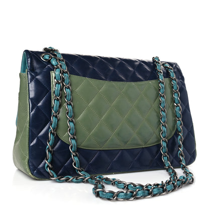 Chanel Lambskin Quilted Tri-Color Jumbo Double Flap Navy Blue Green 3 of 13
