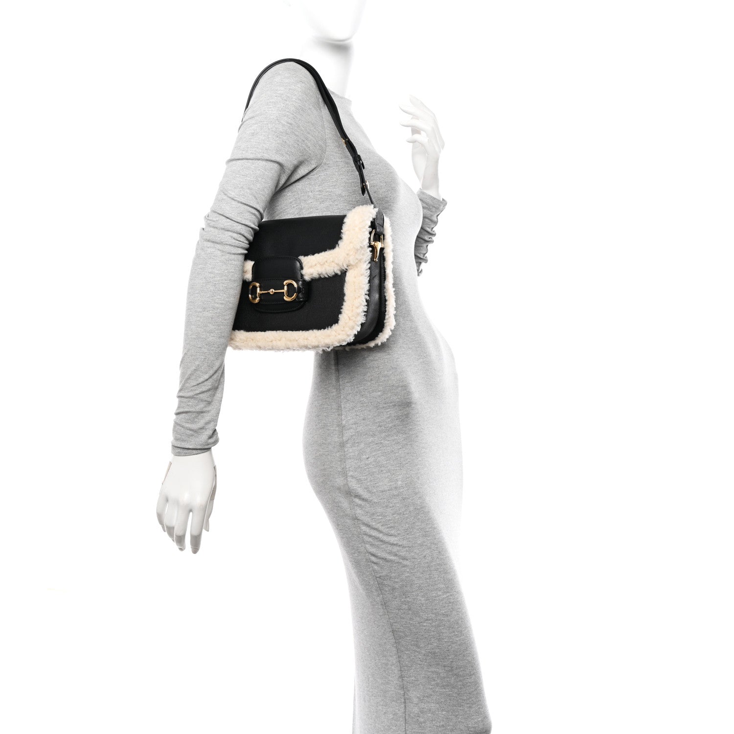 Gucci Sakai Be Green Calfskin Shearling Horsebit 1955 Shoulder Bag Black 2 of 11