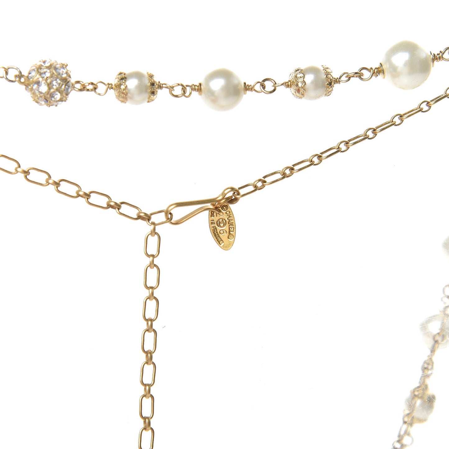 Crystal Pearl CC Bow Long Necklace Gold