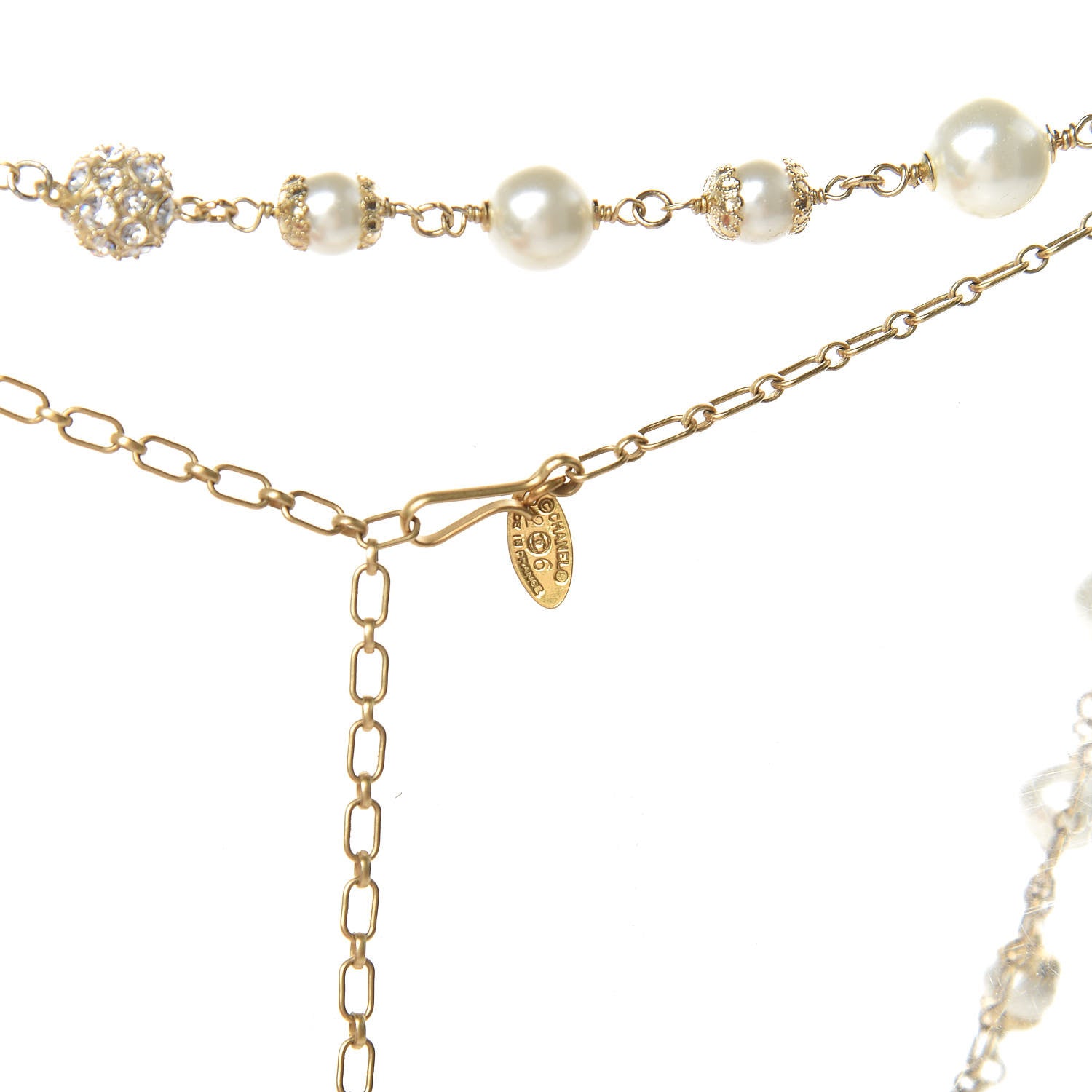Chanel Crystal Pearl CC Bow Long Necklace Gold 4 of 4