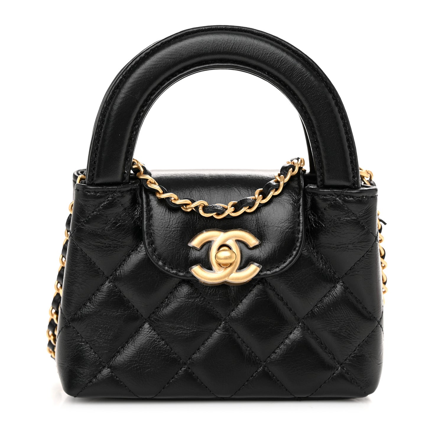 Shiny Aged Calfskin Quilted Mini Nano Kelly Shopper Black
