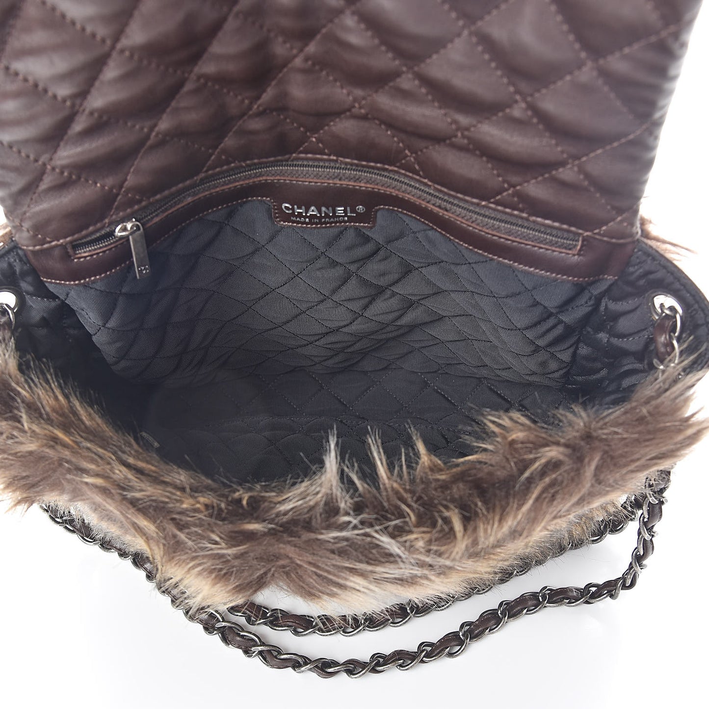 Lambskin Quilted Fantasy Fur Flap Brown
