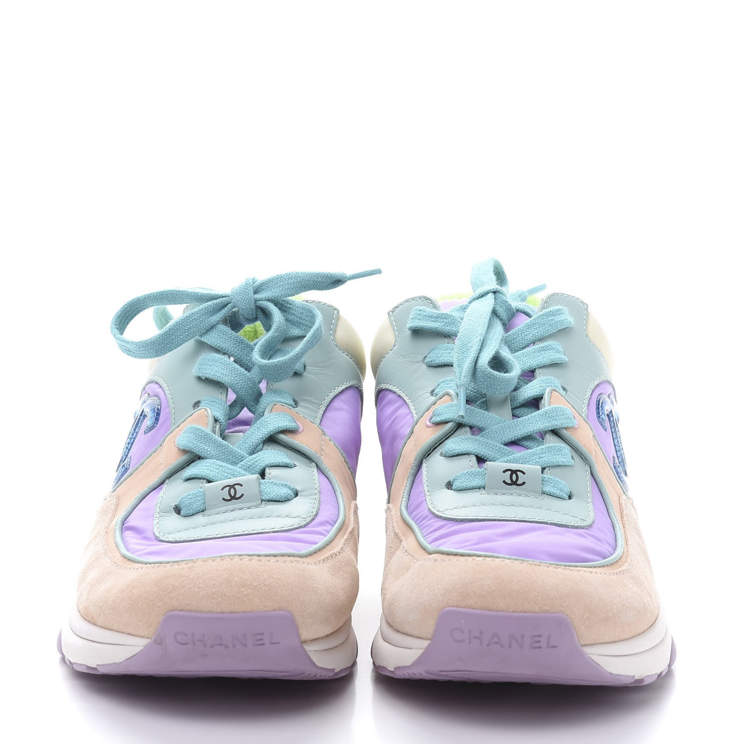 Chanel Nylon Lambskin Suede Calfskin CC Sneakers 37.5 Green Purple Pink 2 of 9