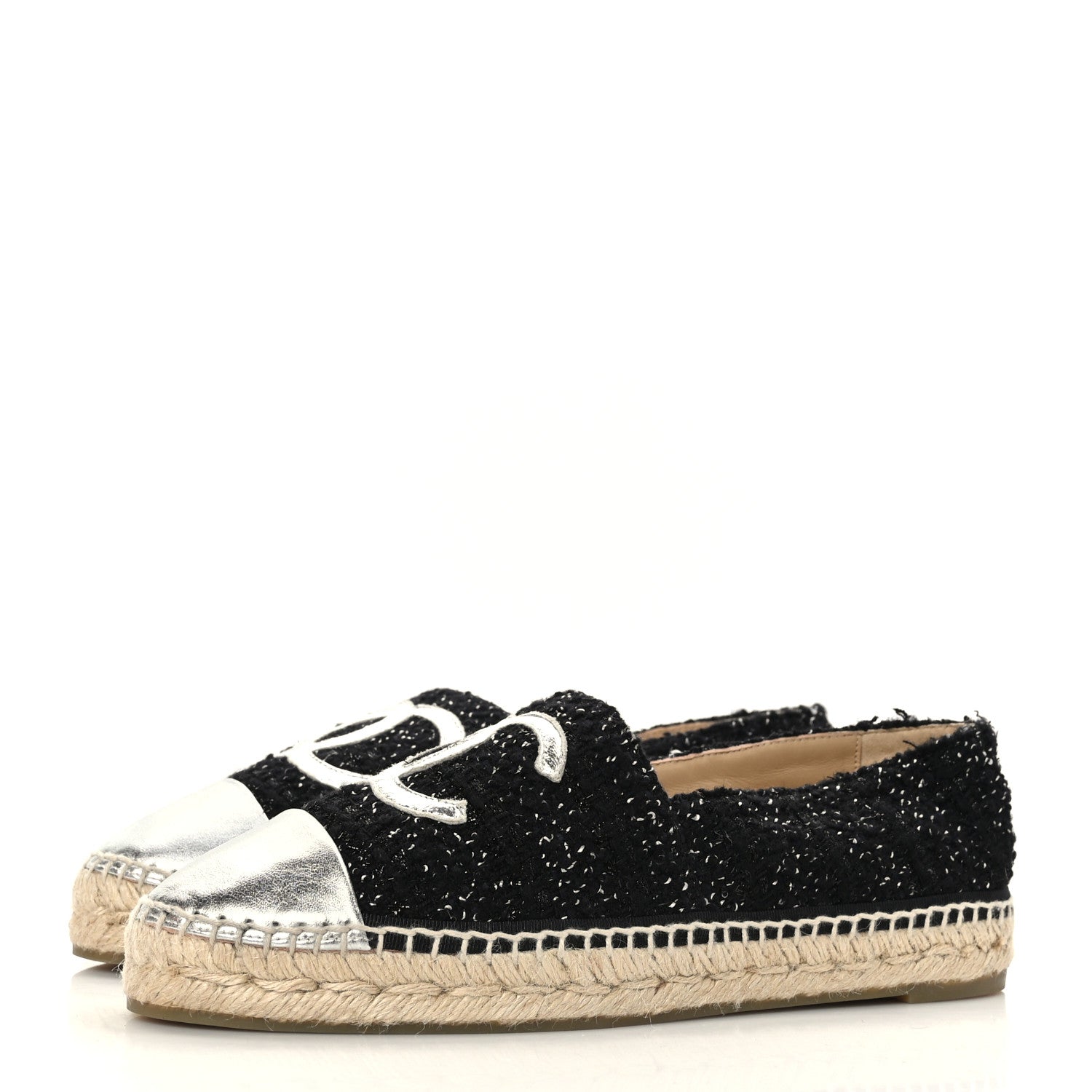 Chanel Metallic Lambskin Tweed CC Espadrilles 41 Black Silver 3 of 8