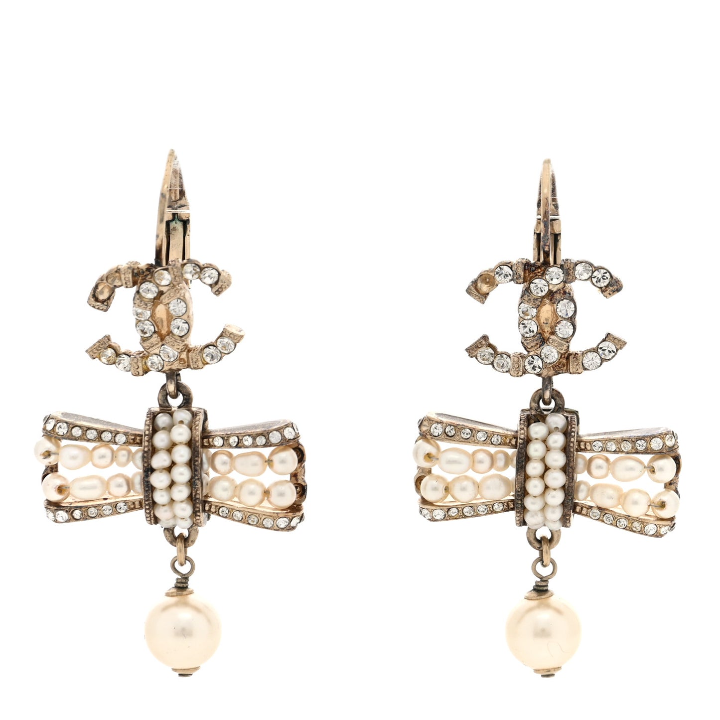CC Crystal Pearl Bow Drop Clip On Earrings Gold