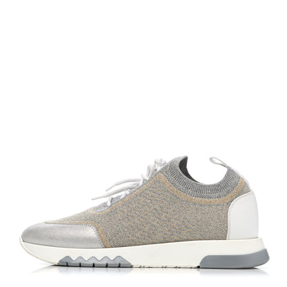 Hermes Metallic Knit Calfskin Suede Goatskin Bi-Color Womens Addict Sneakers 37 Multicolor Gris Argent 1 of 4