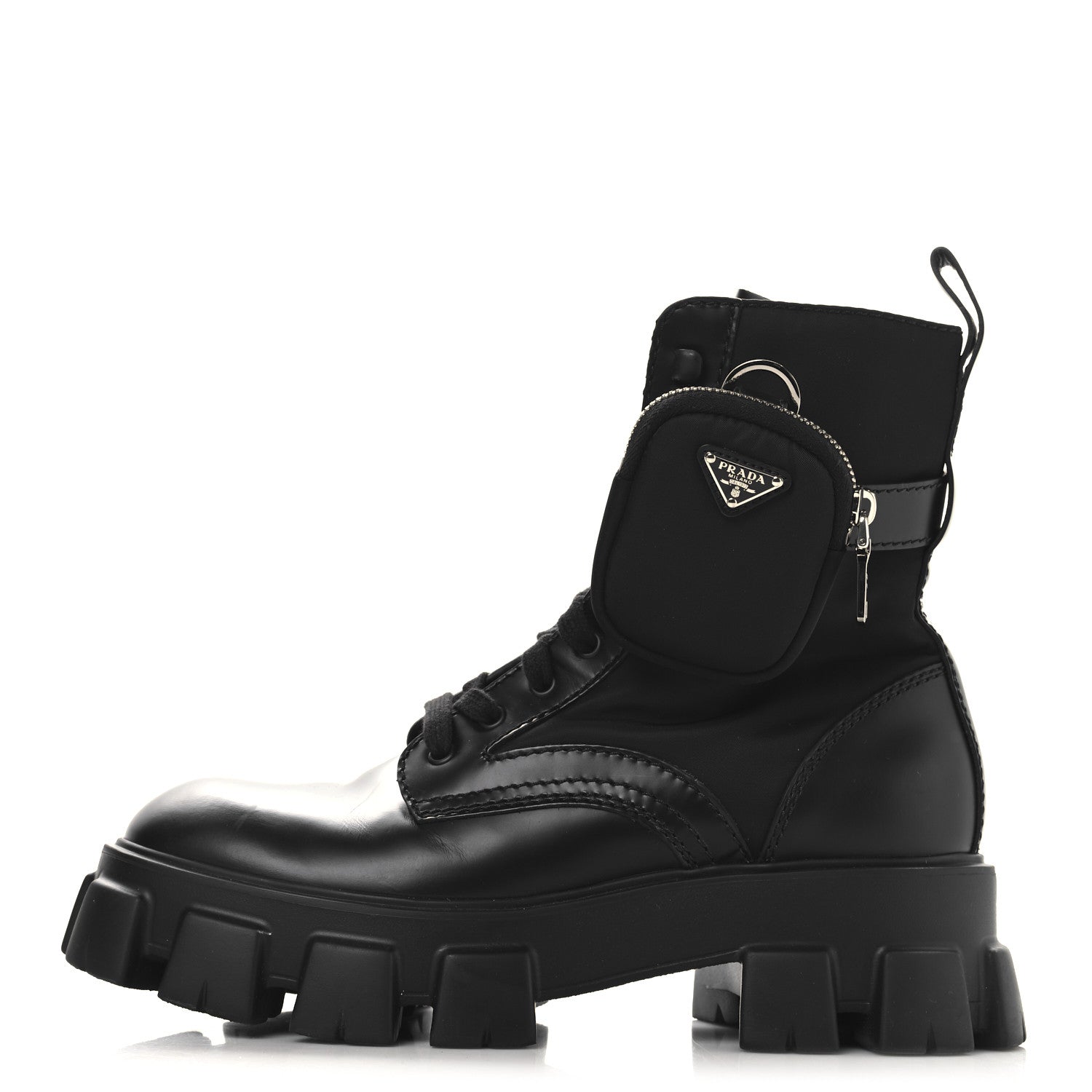 Prada Spazzolato Rois Re-Nylon Metal Triangle Logo Monolith Pouch Pocket 55mm Boots 38 Black 1 of 11