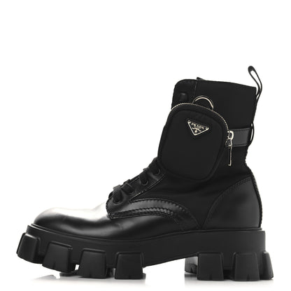 Prada Spazzolato Rois Re-Nylon Metal Triangle Logo Monolith Pouch Pocket 55mm Boots 38 Black 1 of 11