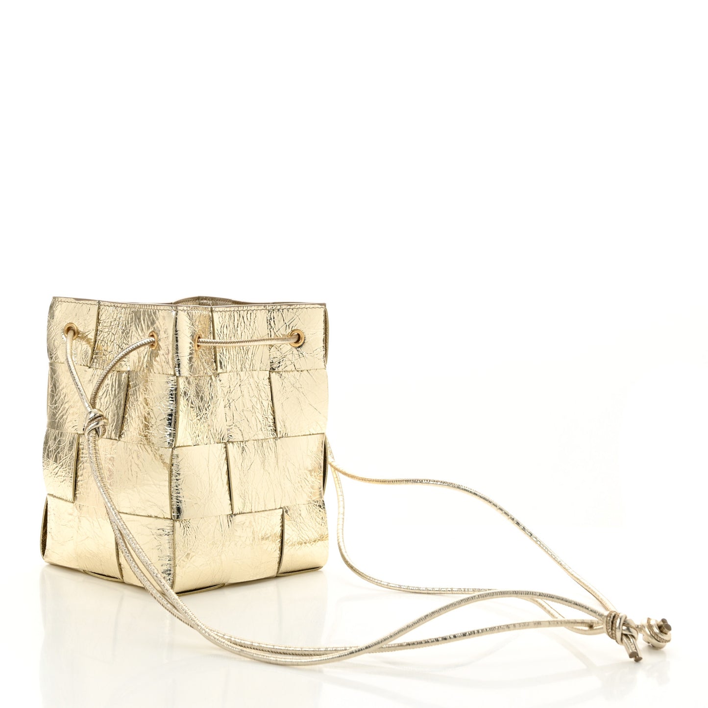 Metallic Crushed Nappa Maxi Intrecciato Small Cassette Bucket Bag Gold