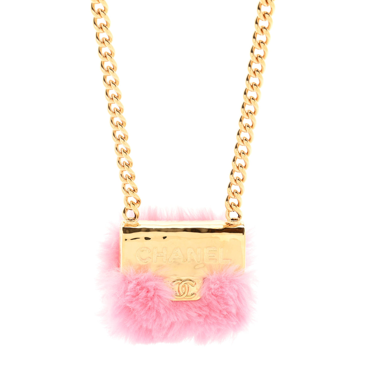 Metal Fur Flap Bag Long Necklace Gold Pink