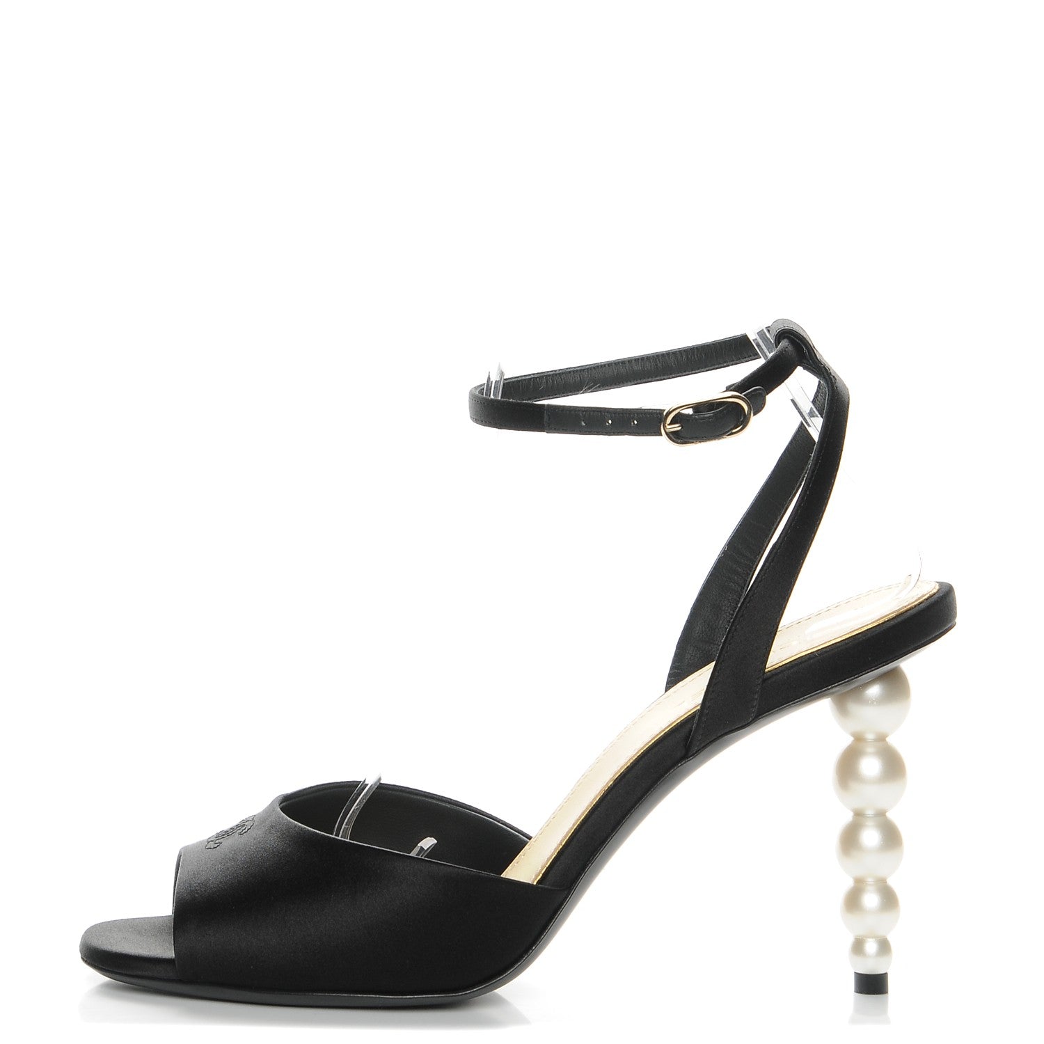 chanel パンプス Chanel Satin Open Toe Pearl Sandal Heels 42 Black 214070