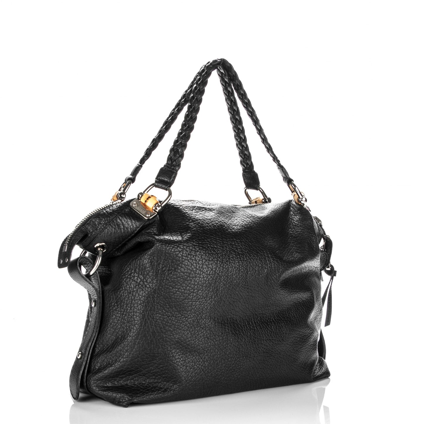 Leather Bamboo Bar Large Shoulder Bag Black