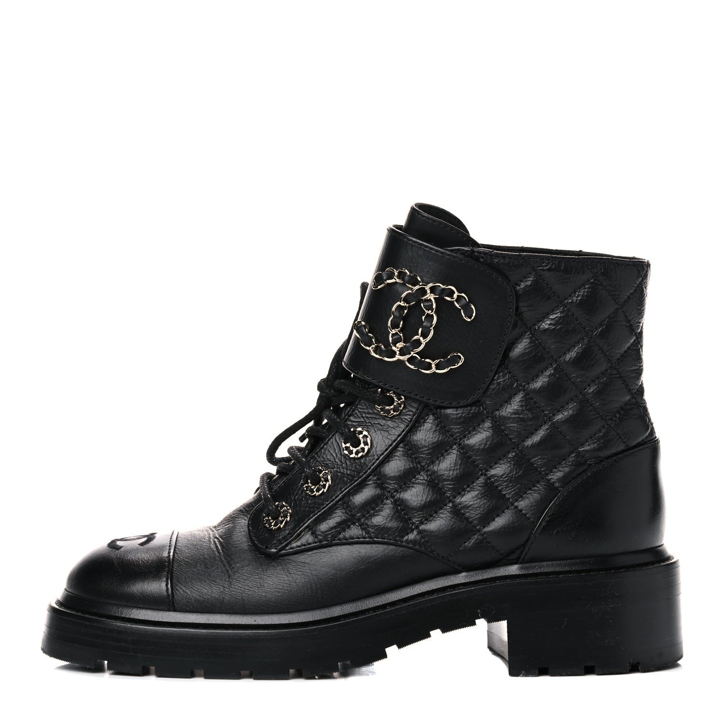 Shiny Goatskin Calfskin Quilted Lace Up Combat Boots 38 Black