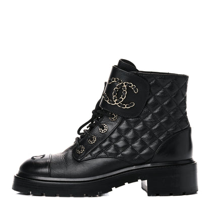 Chanel Shiny Goatskin Calfskin Quilted Lace Up Combat Boots 38 Black 1 of 13